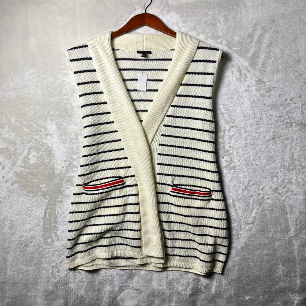 NWT Talbots Nautical Long Sweater Vest Women's L Cotton Loose Knit Coastal Chic